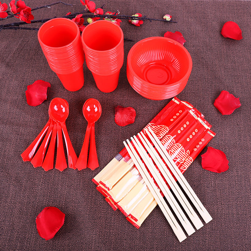 Wedding Supplies Wedding Banquet Bowl Chopsticks Spoon Suit Tissue Box Bamboo Chopstick Suit Disposable Red Bowl Festive Items
