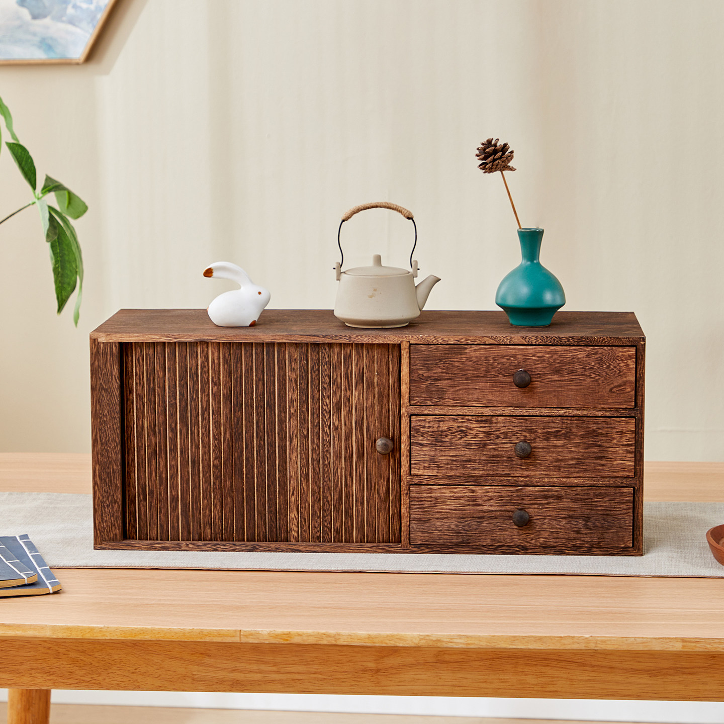 Solid wood desktop drawer storage cabinet tea set storage rack