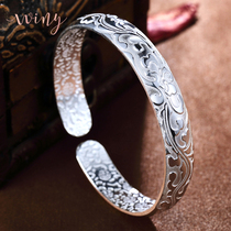Winy999 sterling silver bracelet female send mother foot silver bracelet smooth solid Lotus silver bracelet traditional silver jewelry