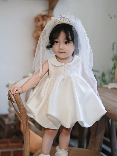 Baby Girl Birthday Party Princess Dress Baby's First Birthday Dress Spring and Summer New Flower Girl White Stylish Puffy Dress