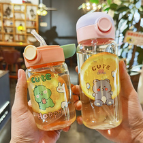 High temperature resistant cup children brief cartoon cute portable children with straw glass cups Heart students drink water glasses