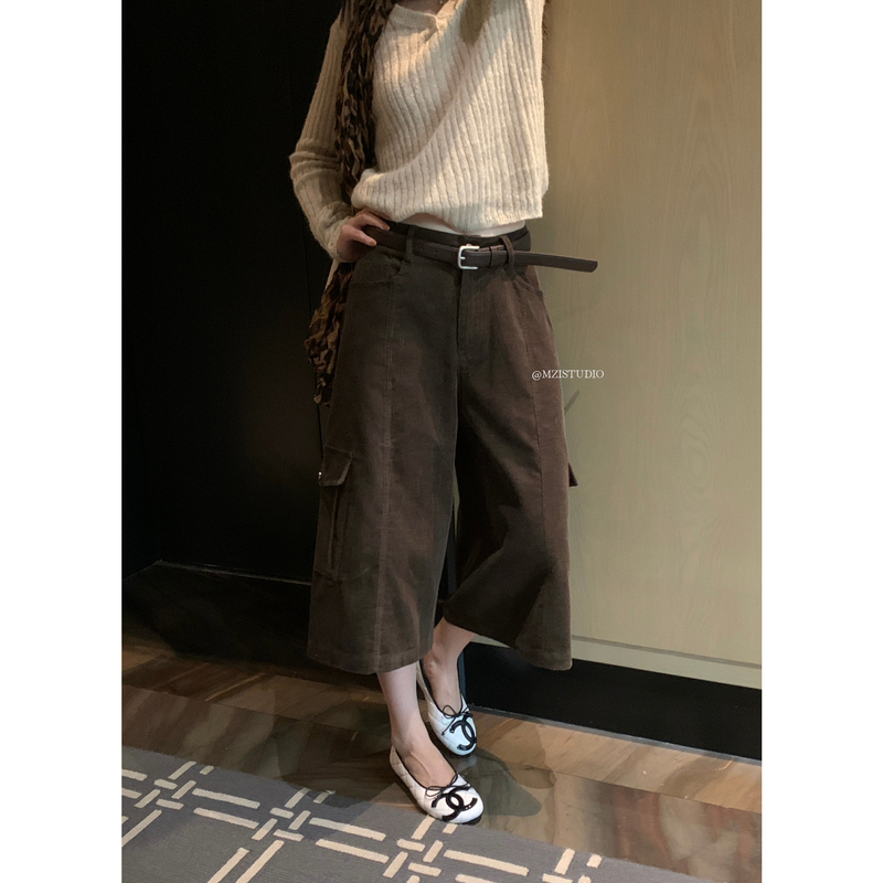 Mzi Studio- Autumn Retro Corduroy Wide-Leg Mid-Waist Cropped Casual Pants (with Belt) 19329 # #