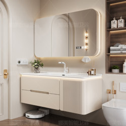 Cream Oak Paint Bathroom Cabinet Combination Ceramic Whole Washbin Bathroom Smart Hand Washing Washbasin Counter Basin