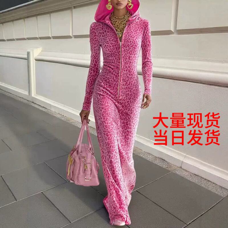 Cross-Border Amazon European and American Foreign Trade Leopard Print Hip-Hugging Long-Sleeve Hooded Slim-Fit Long Dress High-Waisted Casual Cross-Border Amazon European and American Foreign Trade Leopard Print Hip-Hugging Long-Sleeve Hooded Slim-Fit Long Dress High-Waisted Casual