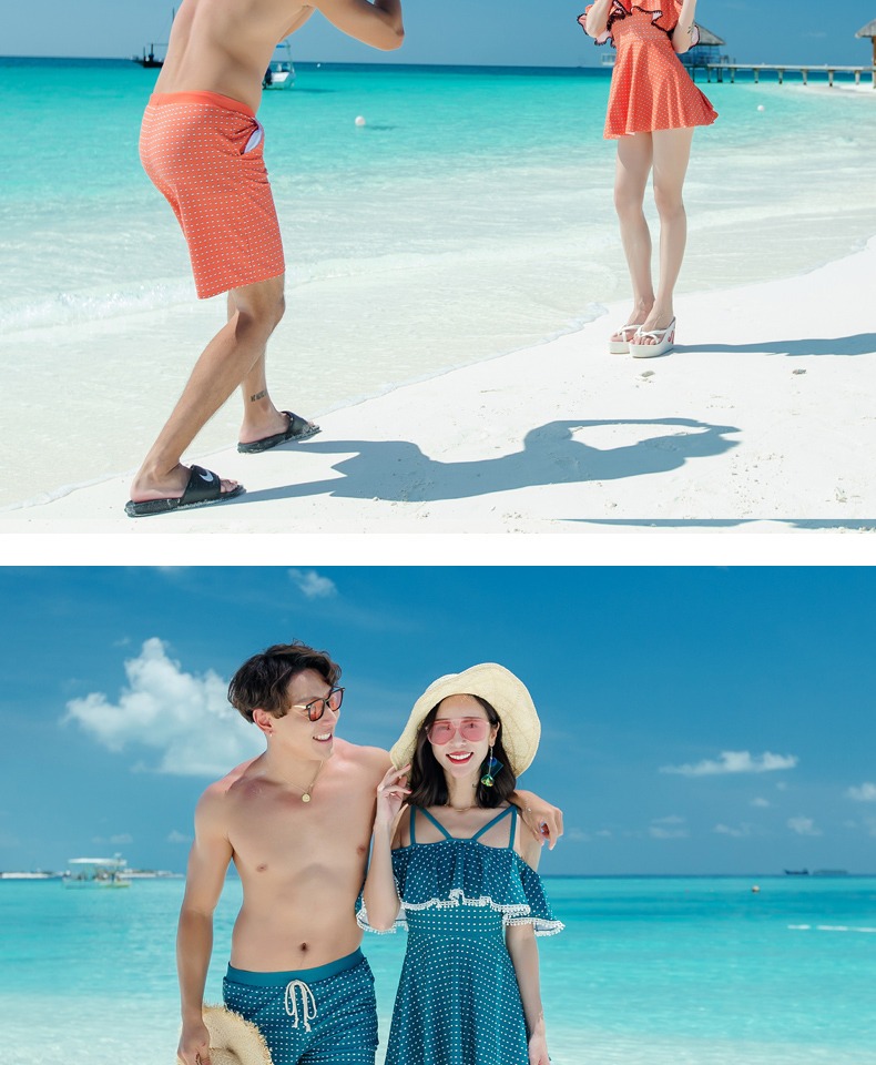 Thời trang cặp đôi đồ bơi mới một mảnh kiểu váy phẳng góc bụng giảm béo đồ bơi nữ đẹp trai thoải mái quần đi biển - Vài đồ bơi đồ đôi trắng đi biển	