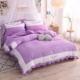 Mạng đỏ bông denim giường bông váy bedspread công chúa băng ren gió đặt giường quilt 1.5 / 1.8m m - Váy Petti váy giường đẹp	