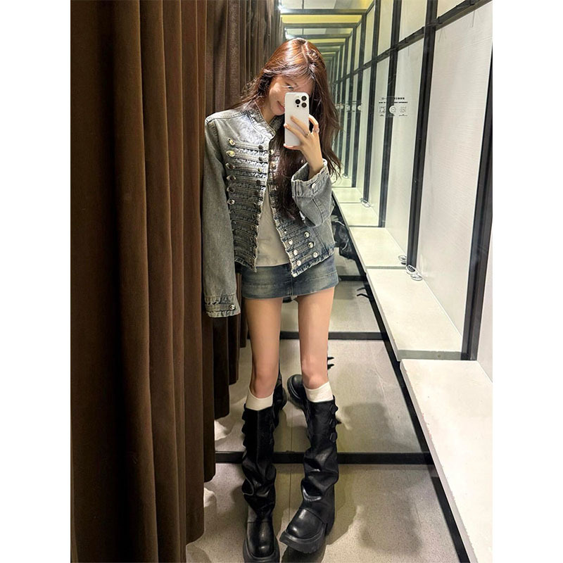 Retro Napoleon Metal Double-Breasted Denim Jacket for Women, Autum 2026 New Niche Design Short Jacket