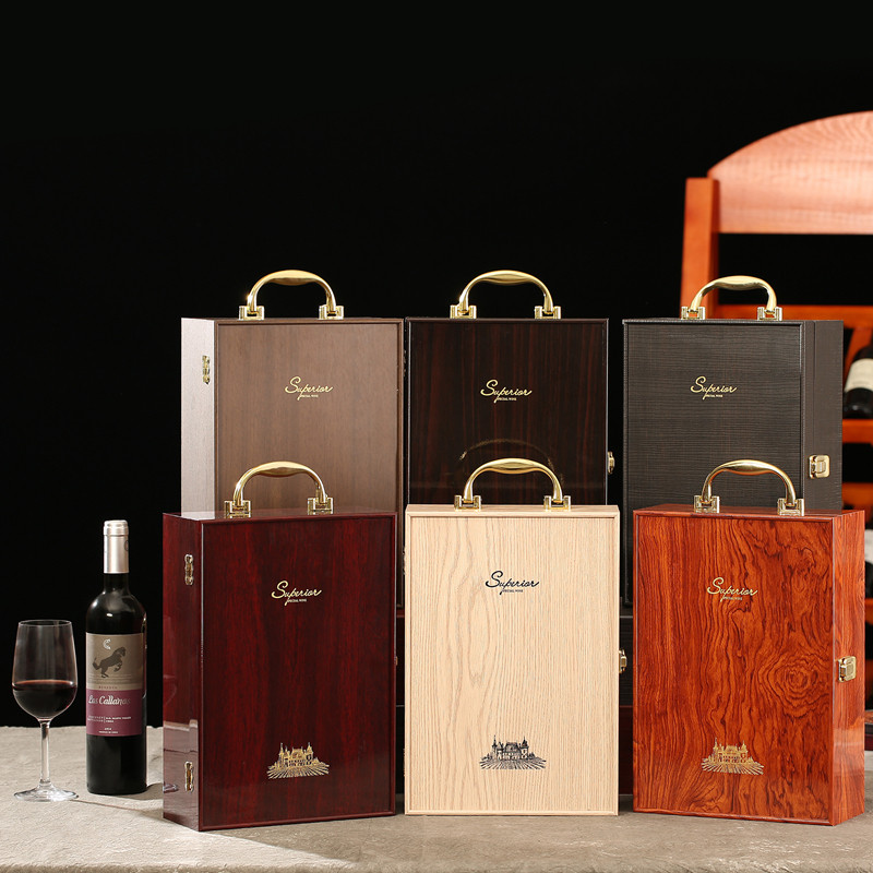 Red Wine Box Piano Baking Lacquered Imitation Red Wood Double Support Universal Red Wine Packaging Box Wood Case 2 Wine Boxes Custom