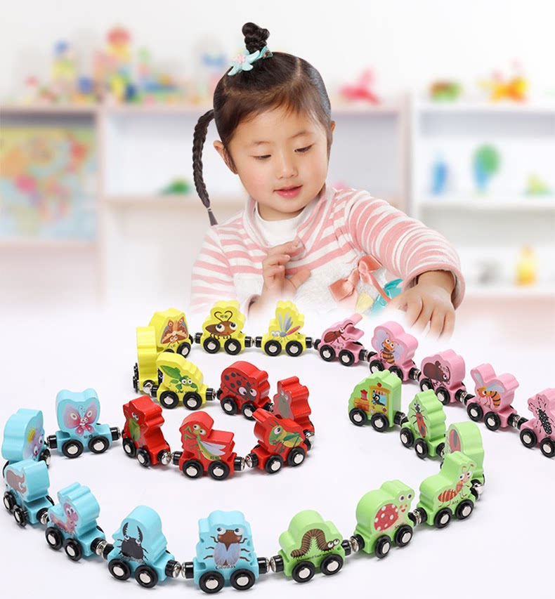 Baby Puzzle Toy Magnet Sex English Alphabet Small Fire Car With Carriage Animal Splicing Railcar Wood Wooden