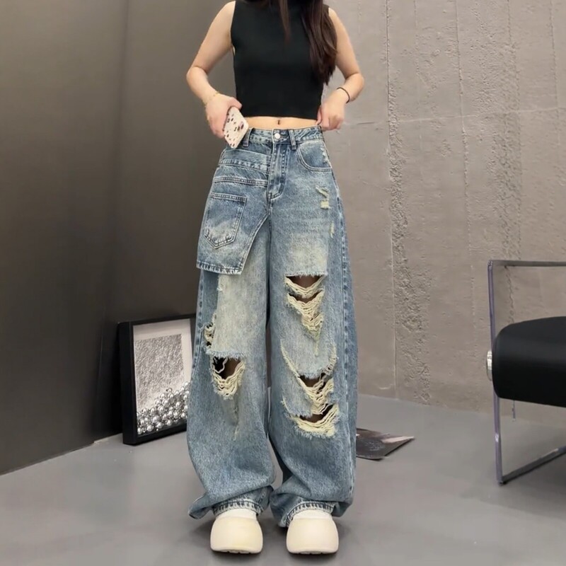 Plus-Size Ripped Scimitar Jeans for Women, Summer Thin Style 2026 New Model, Slimming American-Style Wide-Leg Straight Pants for Chubby Women Plus-Size Ripped Scimitar Jeans for Women, Summer Thin Style 2026 New Model, Slimming American-Style Wide-Leg Straight Pants for Chubby Women