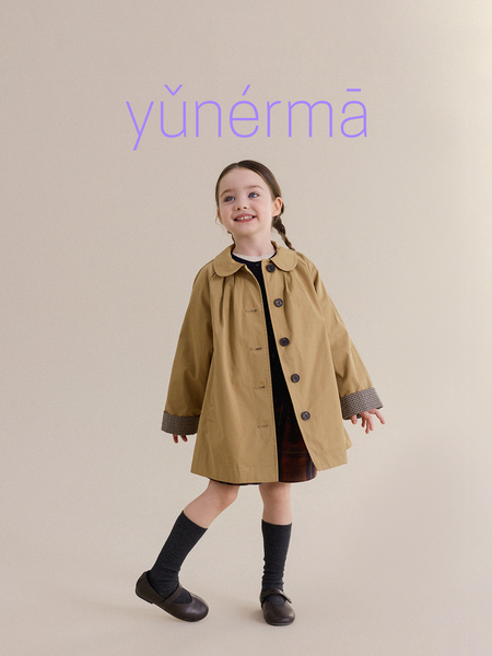 Yunerma Girls' Classic Versatile Turn-Down Collar Trench Coat for Autumn, Children's Pure Cotton Windproof Jacket, Baby Spring and Autumn Trendy Coat