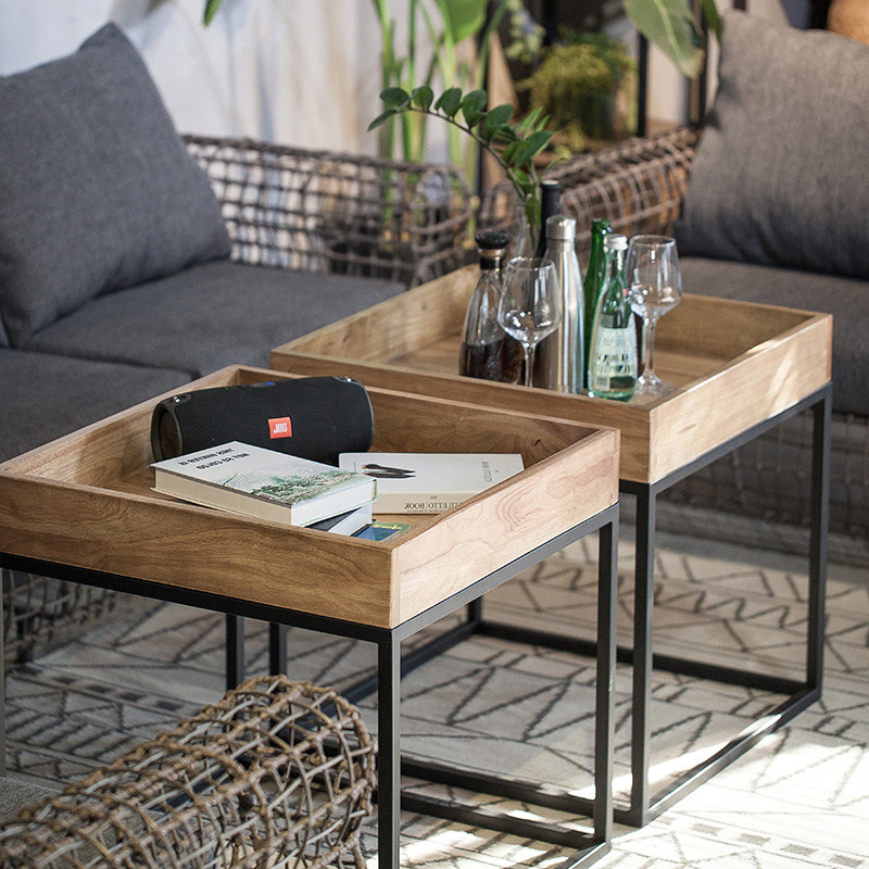 Loft American industrial style solid wood small coffee table living room simple bedside sofa side cabinet corner few small square table mini