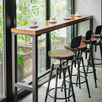 Household Bar Table and Chair Combined with wall wooden high-foot Table Coffee Milk Tea Shop Long Table Bar Simple