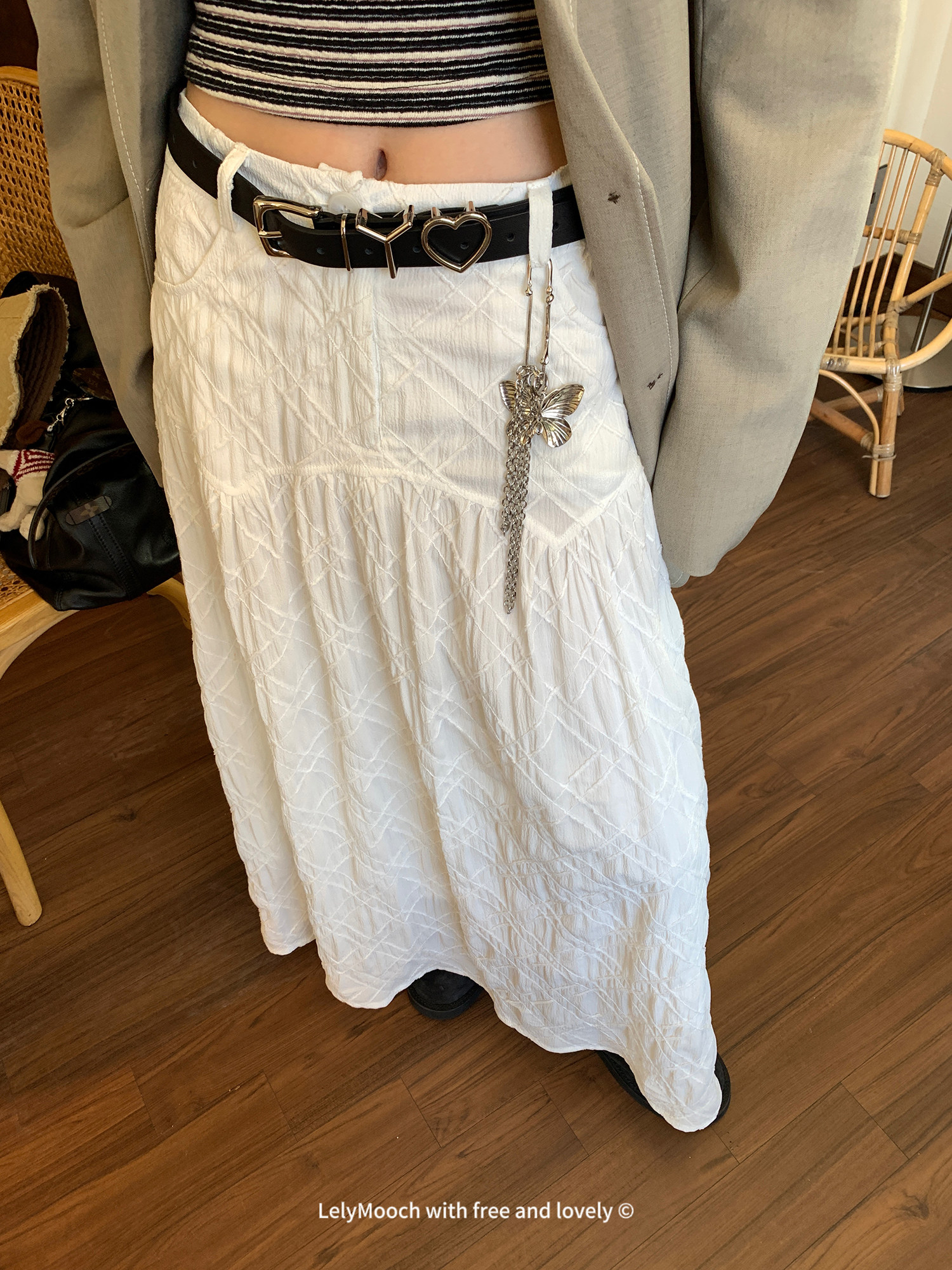 LelyMooch chao好搭 объемная клетчатая белая юбка с вырезным узором средней длины дизайнерская полуюбка