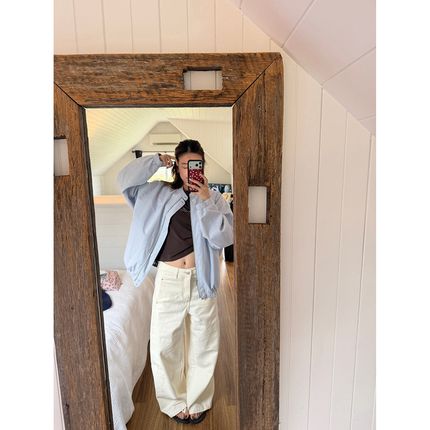 LelyMooch Двусторонняя хлопковая куртка в шотландскую сине-белую клетку с воротником-стойкой средней длины Baby синего цвета