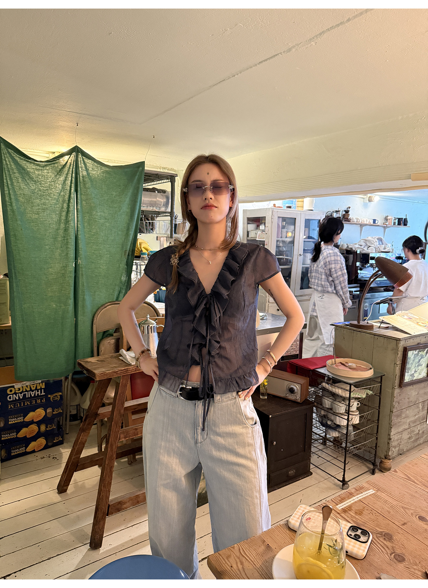 Рубашка с коротким рукавом с охлаждающим эффектом и помятым дизайном, серо-синяя клетчатая блузка, женская летняя одежда 2025