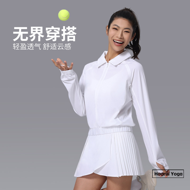 Spring and Summer Breathable Long-Sleeved Shirt Tennis Wear for Women with Regular Shoulders, Stand-Up Collar, Half-Zip, Lapel, Golf Sports Fitness Top