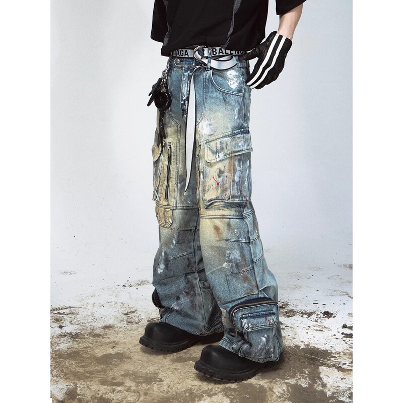 American High Street Graffiti Multi-Pocket Blue Wide-Leg Jeans Unisex Vintage Washed Straight-Leg Cargo Pants