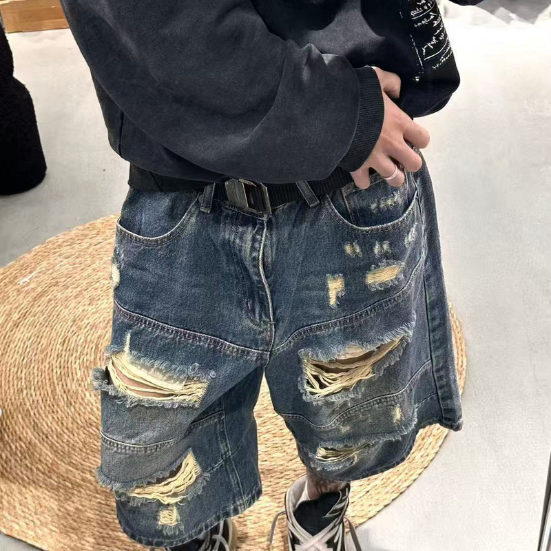 American Retro High Street Ripped Denim Capri Pants, Designer Heavy-Duty Ripped Denim Shorts, Unisex Summer Style