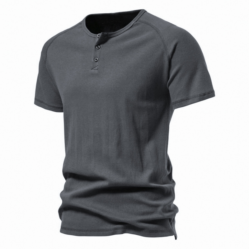 European and American Simple Henry Collar Short-Sleeved T-Shirt for Men, Retro Pure Cotton Sports Fitness Base Shirt, Personalized Elastic T-Shirt Trend