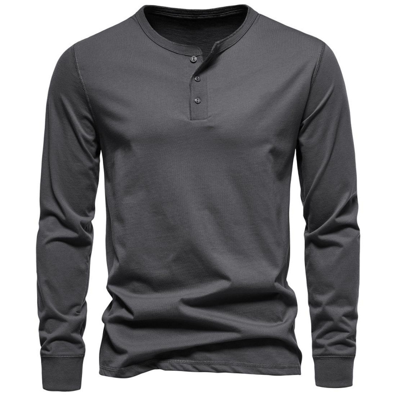 Men's Henry Collar Slim-Fit Pure Cotton Long-Sleeve T-Shirt, Youthful European and American Fashion, Simple and Unique Solid Color Versatile Base Shirt