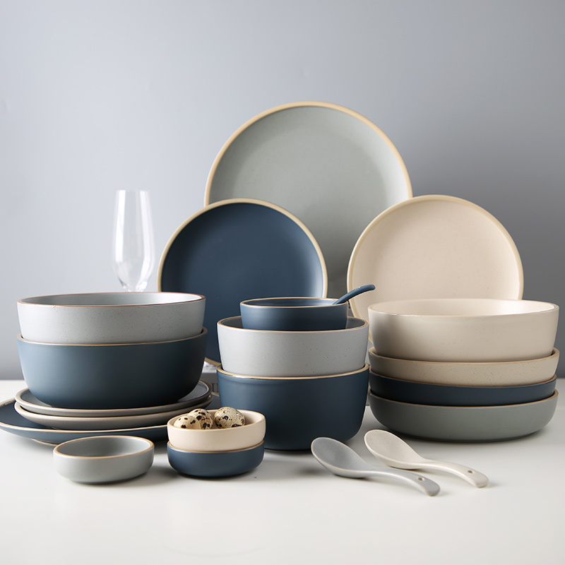 Ceramic Plate and Bowl Set, Nordic Tableware, Simple ins Piece Household Dish Set, Western-Style Plate and Bowl, Trendy Steak Plate