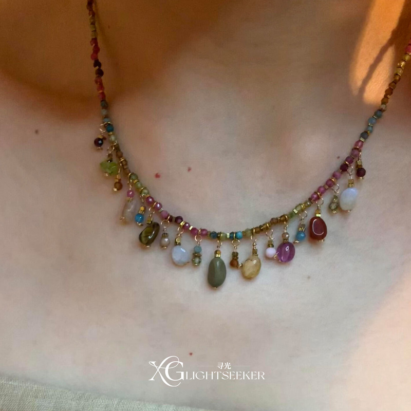[Search for Light] Bohemian Style Dopamine Colorful Natural Stone Beaded Tassel Necklace Retro Fashion Clavicle Chain