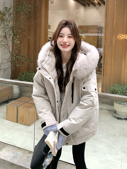 Large fur collar parka down jacket for women 2024 winter new Korean style high-end thickened 90 white duck down work jacket