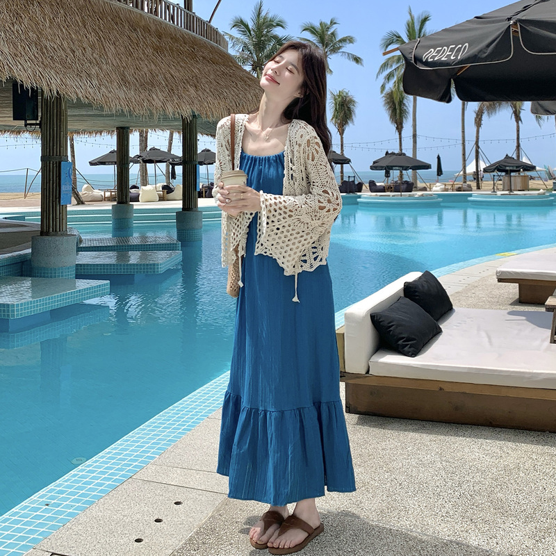 Vacation Style Blue Dress Set for Women 2026 Summer New Elegant and Fashionable Hollow-Out Cover-Up Camisole Dress Two-Piece Set