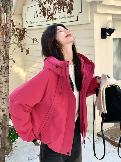 Rose Red down Jacket for Women, Winter 2025 New Korean Style, Windproof and Warm, Hooded White Duck down Coat