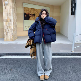 Navy Blue Short down Jacket for Women, 2025 Winter New Korean Style Casual Hooded 90% White Duck down Thickened Puffer Jacket