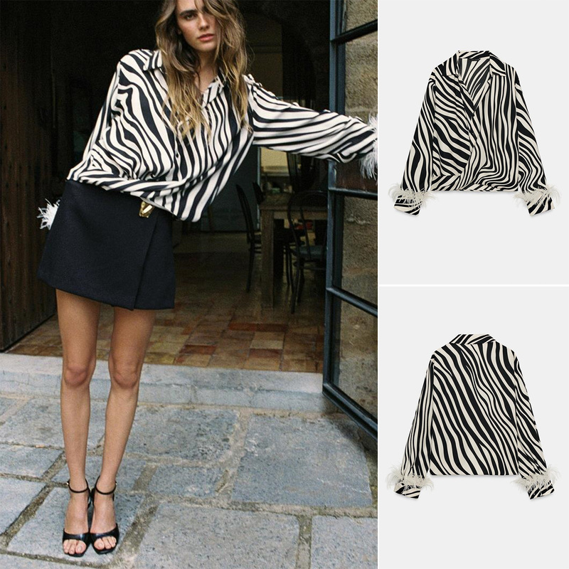 Spring and Summer New Women's Clothing French Simple Long-Sleeved Lapel Feather Trim Zebra Print Shirt 3222195 Spring and Summer New Women's Clothing French Simple Long-Sleeved Lapel Feather Trim Zebra Print Shirt 3222195