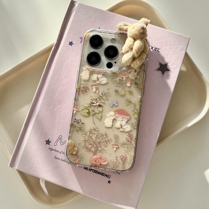Youli* Retro Forest-Style Cute Mushroom Bunny Double-Layer Glossy Imd Phone Case Suitable for iPhone 17/16/15/14