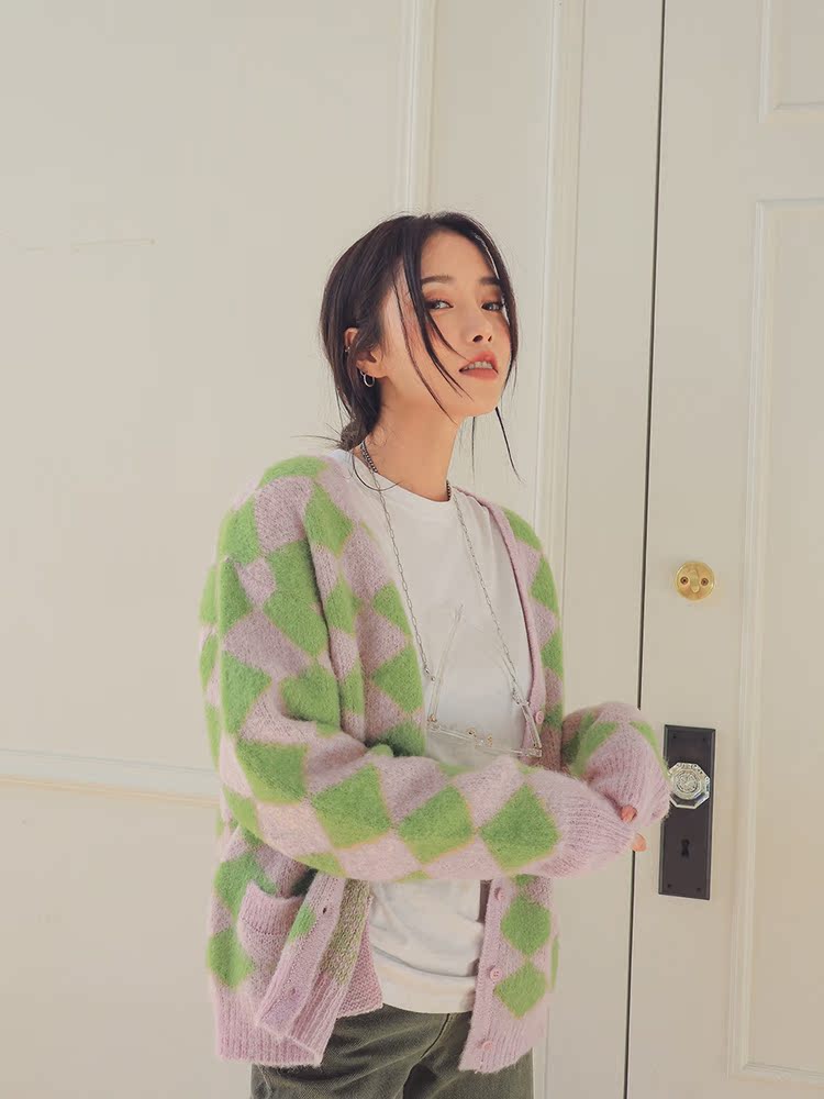 螞蟻阿宅.100%☆韓國代購官網正品支持驗證☆stylenanda-時尚百搭甜美菱格紋長袖針織外套( 預購)3色