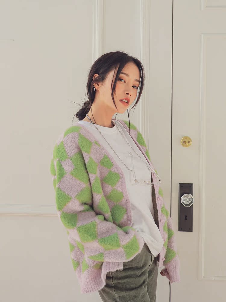 螞蟻阿宅.100%☆韓國代購官網正品支持驗證☆stylenanda-時尚百搭甜美菱格紋長袖針織外套( 預購)3色