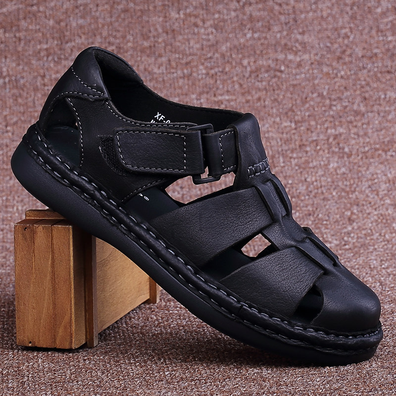 Foreign trade sandals men's leather summer new hollow men's casual leather shoes breathable first layer cowhide toe beach shoes