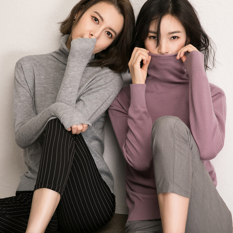 秋冬堆堆领羊绒衫女简约短款纯色高领毛衣套头修身针织羊毛打底衫