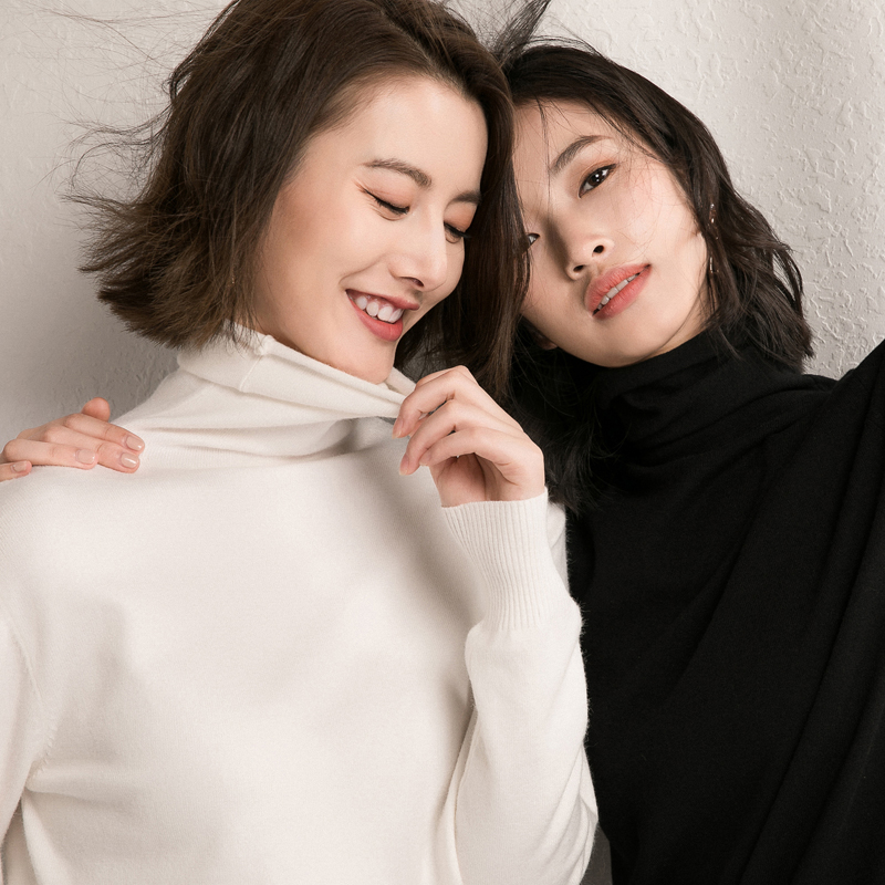 秋冬堆堆领羊绒衫女简约短款纯色高领毛衣套头修身针织羊毛打底衫