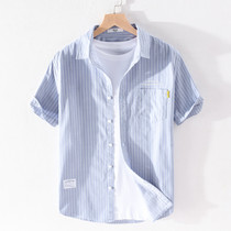 Mr Wu Korean striped cotton short-sleeved shirt mens summer thin loose cotton half-sleeved casual shirt tide