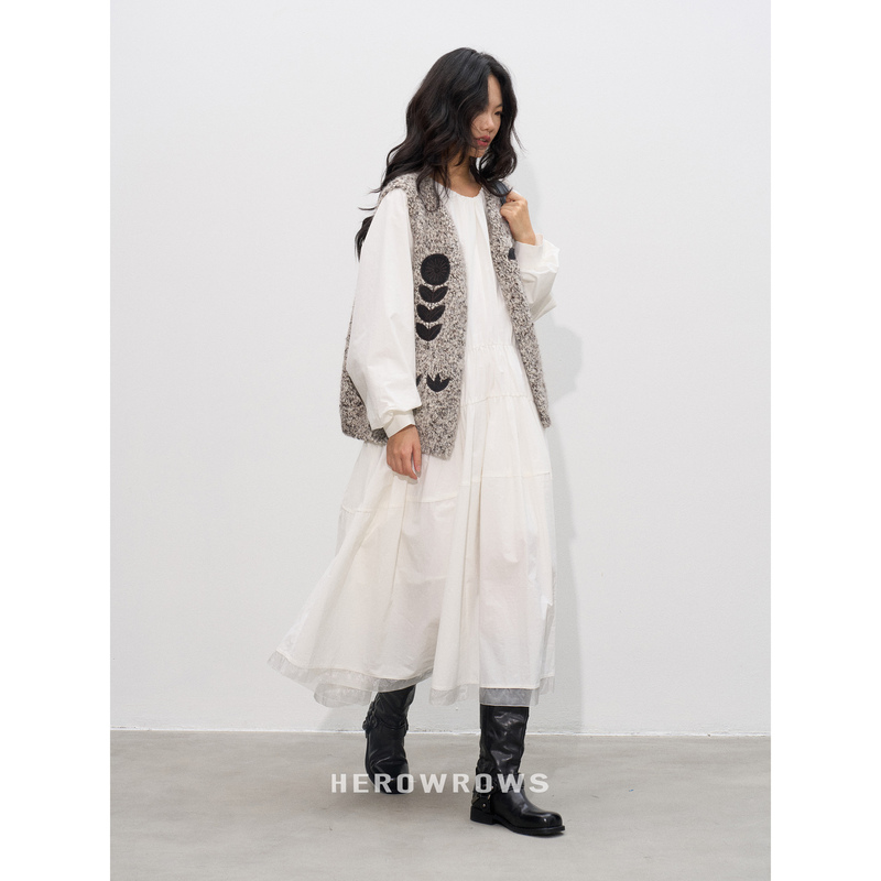 Herowrows Original White Pleated Patchwork Dress with Sheer Fabric and Large Flared Skirt