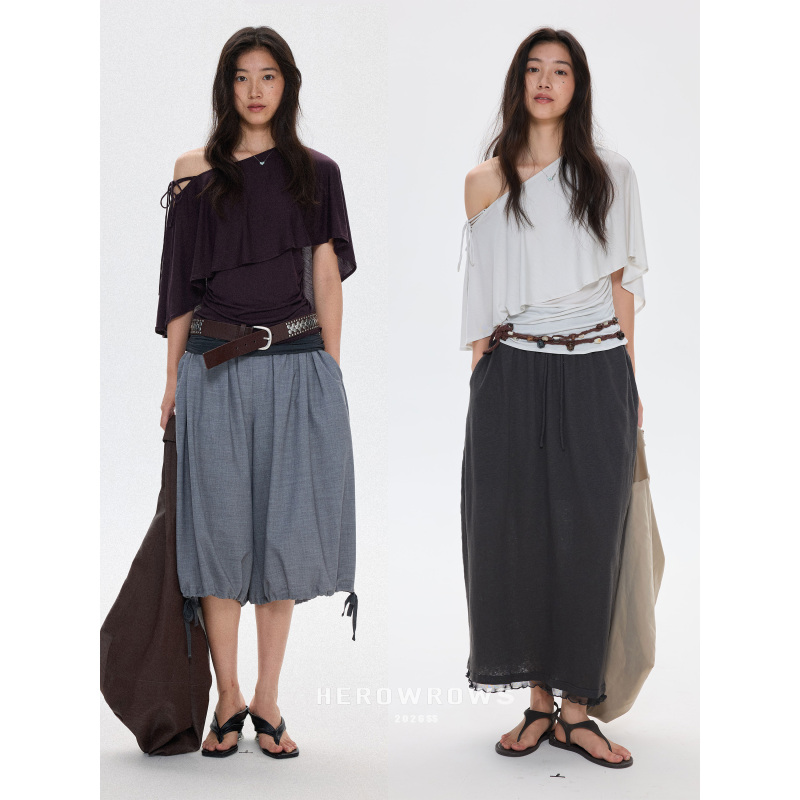Herowrows Lyocell Mulberry Silk Lace-Up Off-Shoulder Cape Top Fashionable Pleated Waist-Cinching T-Shirt