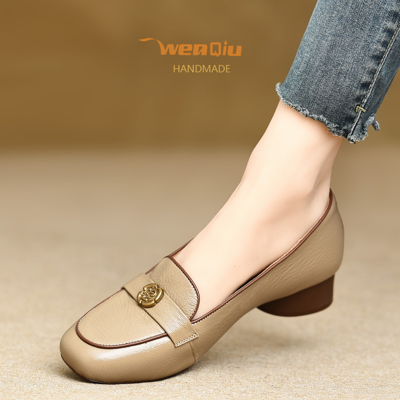 Wenqiu~ Super Soft Sheepskin Women's Shoes for Autumn, Round Toe 3cm Chunky Heel Small Leather Shoes, Soft Sole, Soft Surface, Low Heel Loafers