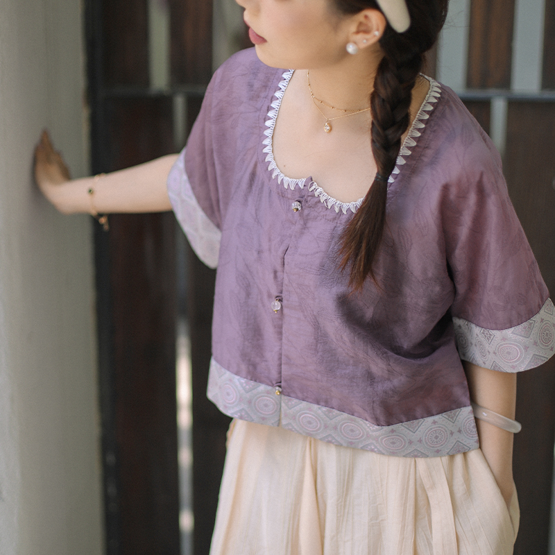 紫耀かたつむり少女｜ジャストニード唐半袖テンセル唐漢服PP衿唐背半袖山水コレクション春夏レディース