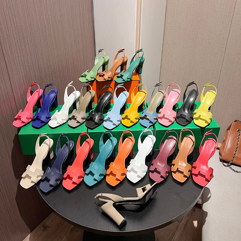 2025 Summer New Genuine Leather High-Heeled Sandals with Chunky Heels, Open-Toe, Ankle Strap, Fashionable Cowhide Palm Pattern Roman Sandals