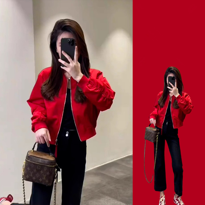 This Year's Popular Red Baseball Jacket for Women, 2025 Autumn New Style, Light Luxury, High-End Feel, Versatile Jacket Top