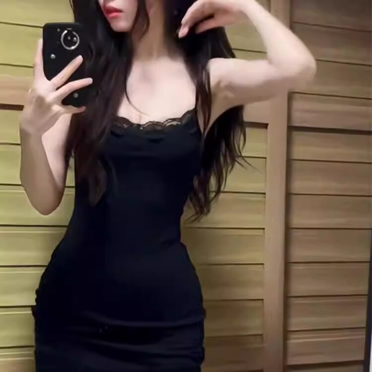 Purely Sexy Lace-Trimmed Spaghetti Strap Dress for Women, Modal Slim Fit, Sexy Bodycon Short Skirt