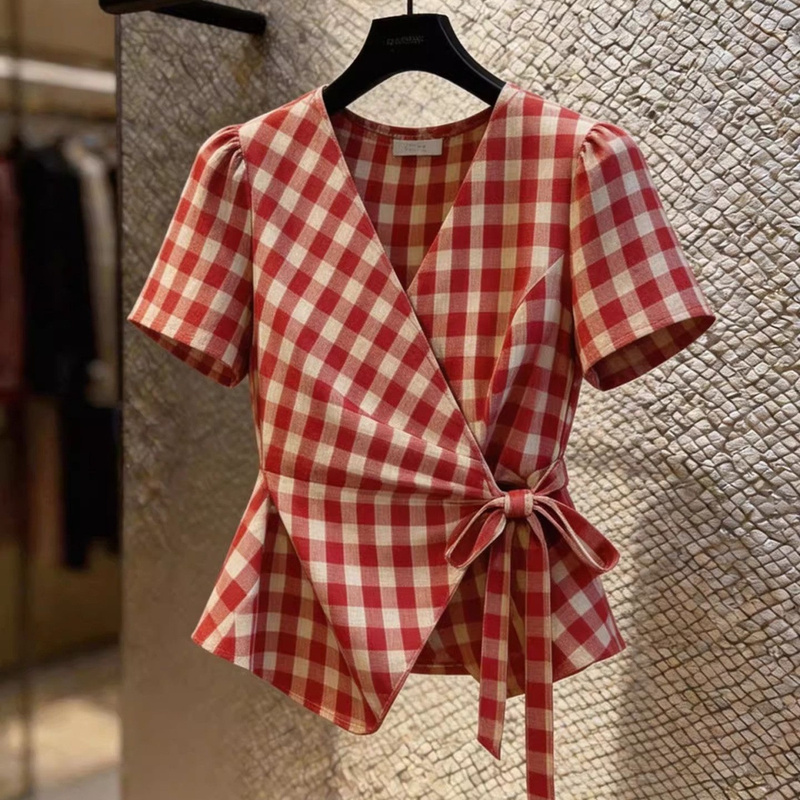 Retro Style Red Plaid Shirt for Women, New Summer Style Short-Sleeved V-Neck Lace-Up Waist Wrap-Style Work Clothing Style Top