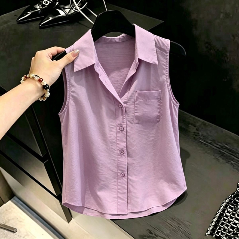 Korean Style Chiffon Sleeveless Shirt for Women, New Summer Loose Versatile Casual Purple Turn-Down Collar Pocket Vest Top Trendy