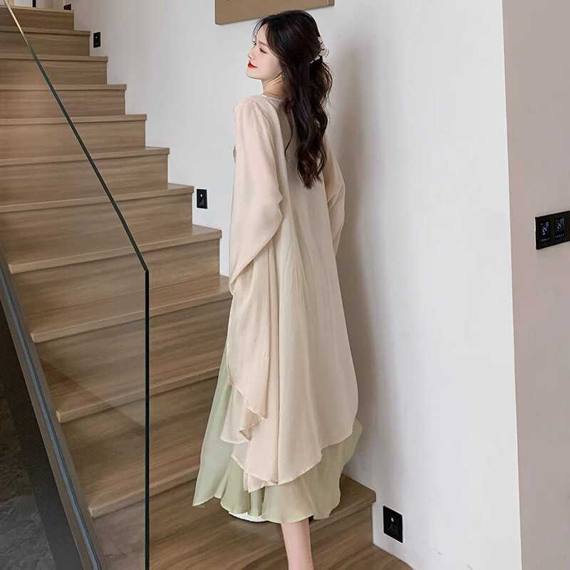 New Chinese-Style Jiangnan National Style Sun Protection Cardigan for Women, Summer New Loose Fit with Suspender Skirt, Mid-Length Coat Top