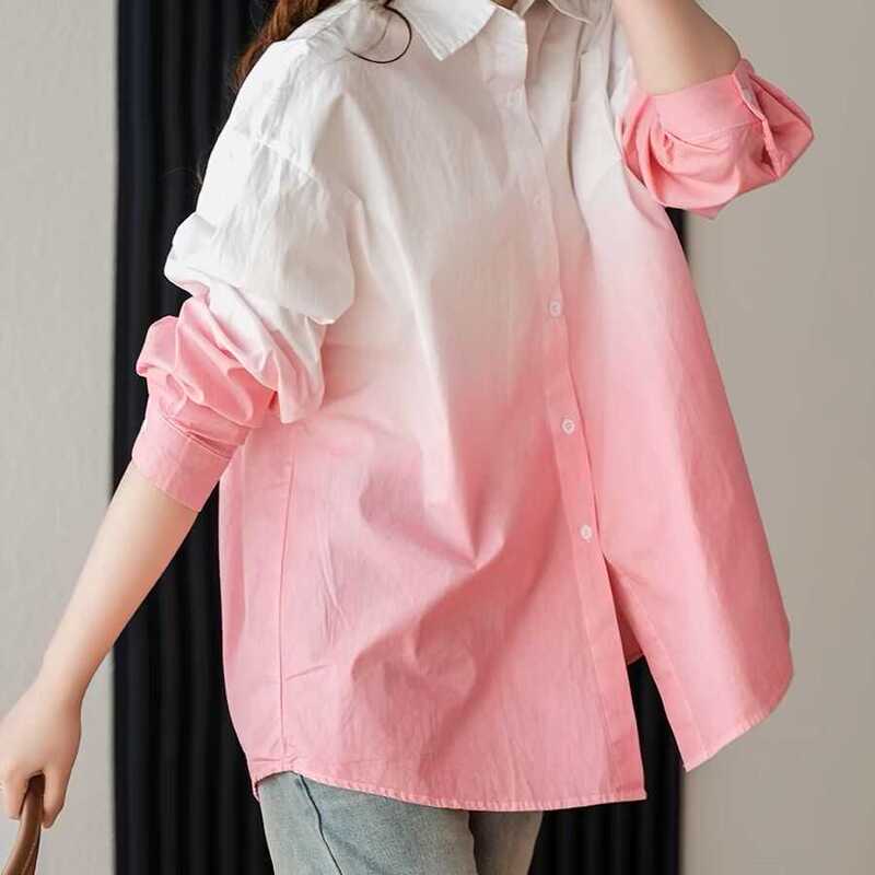 Pure Cotton Gradient Color Unique Loose Shirt for Women, Spring and Autumn 2025 New Korean Style Japanese Art Casual Top